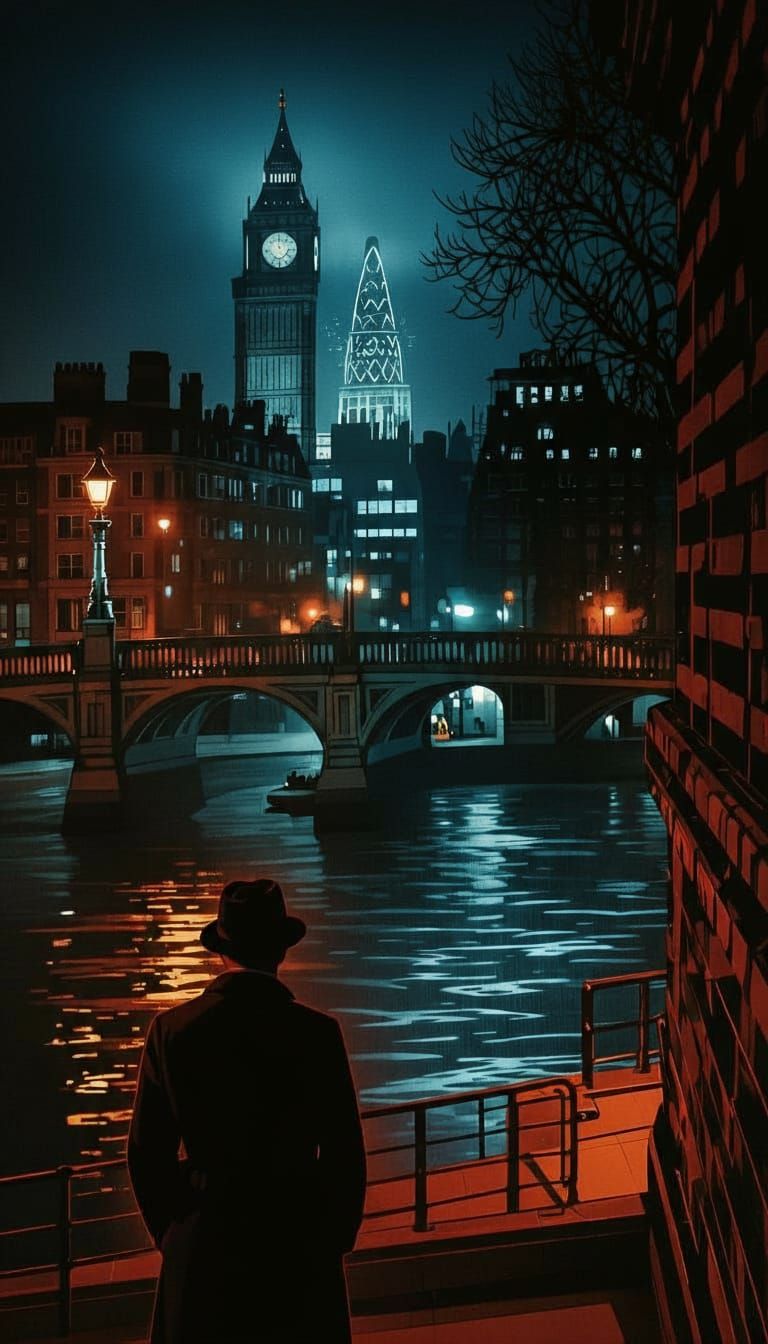 1970s Spy Scene on London Bridge at Night