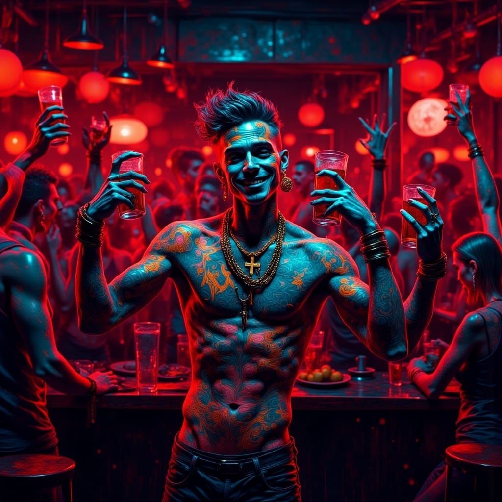 Tattooed Man Enjoying Nightlife with Friends in Digital Art