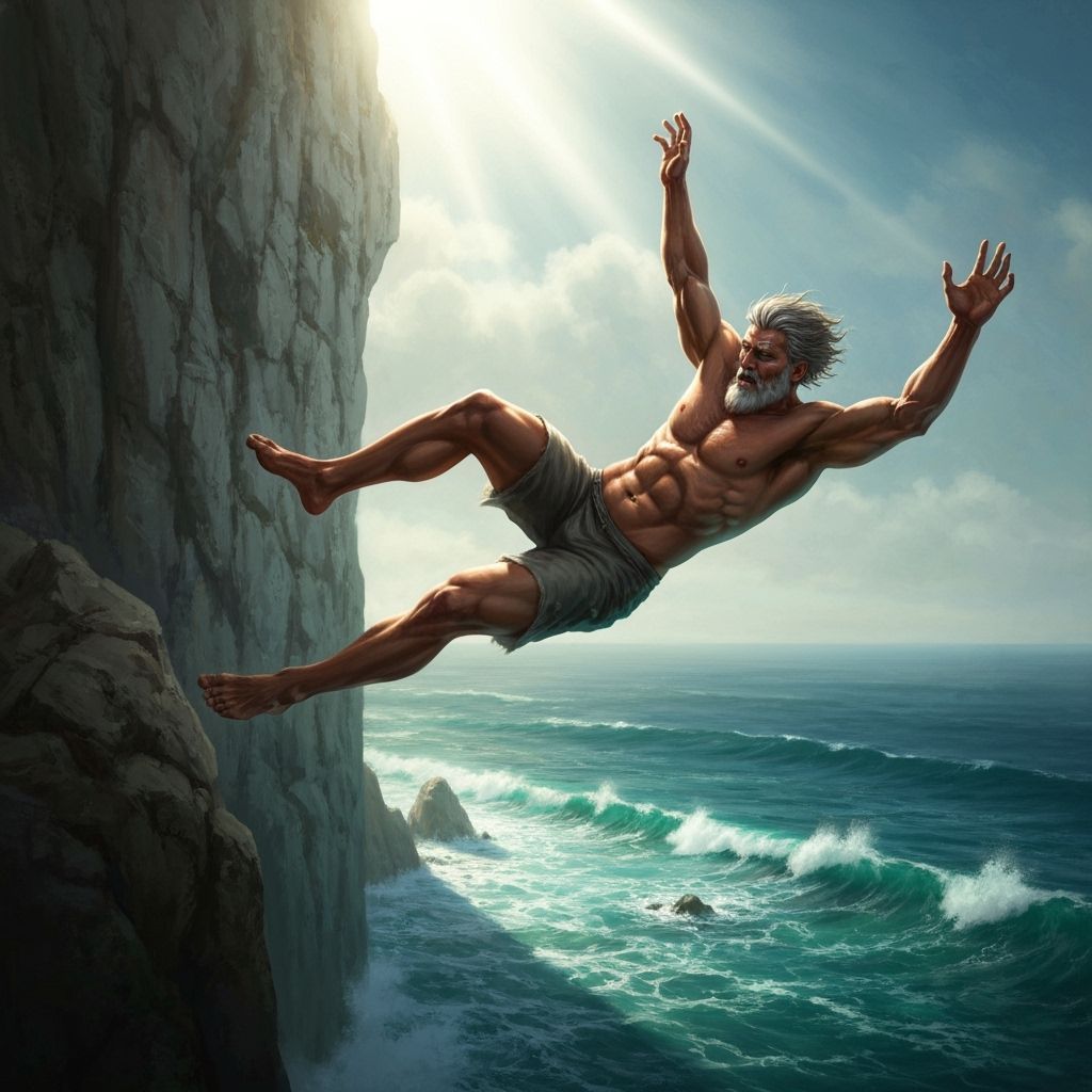 Muscular Theseus Falls From Cliff Into Sea