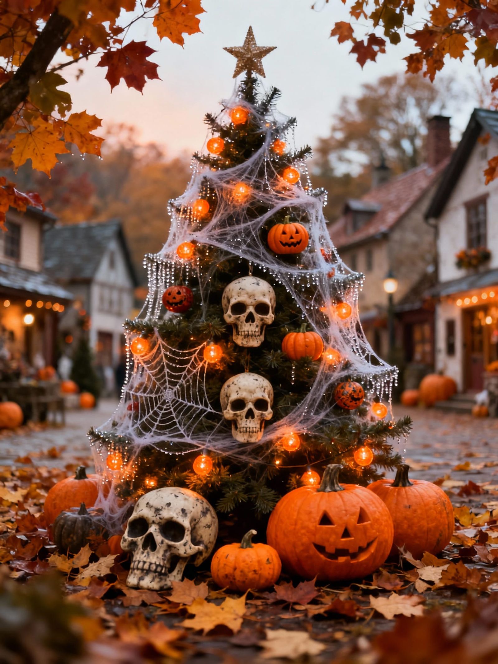 Spooky Halloween Christmas Tree in Autumn Village