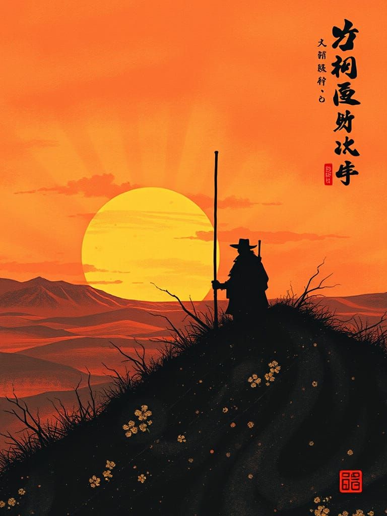 Japanese Spaghetti Western Sunset in Esoteric Manga Style
