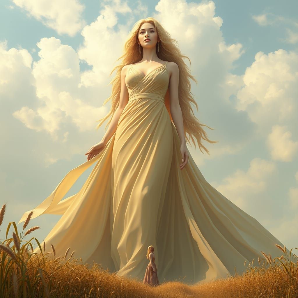Ethereal Goddess Towering Over a Serene Landscape