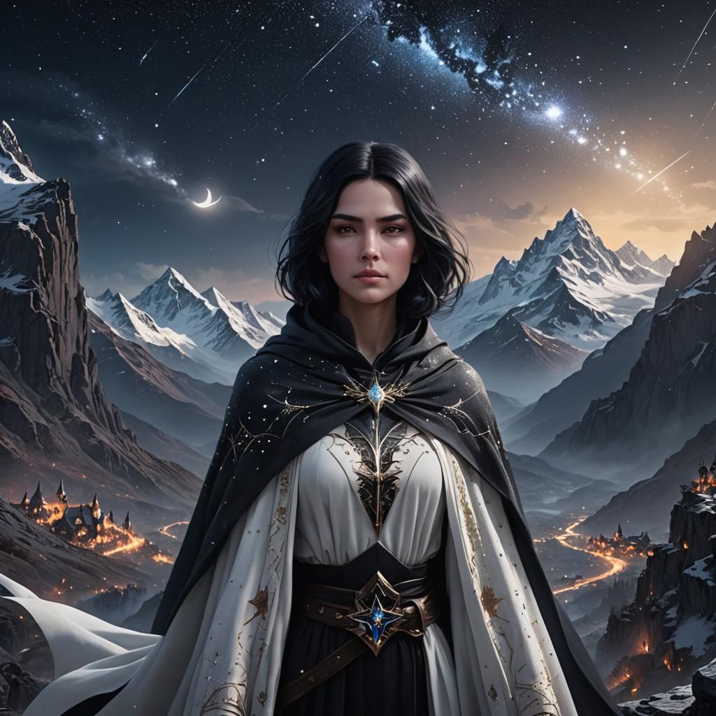 Starlight Woman in Mountain Landscape, Fantasy Art
