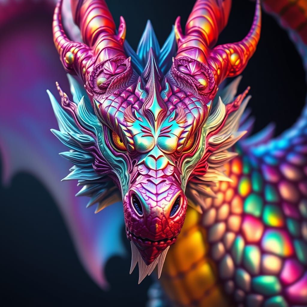 Rainbow Dragon with Yellow Eyes, Dreamlike Illustration