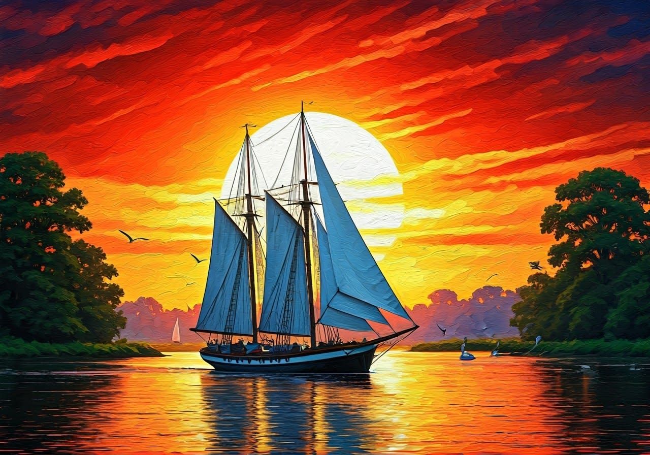 Sailboat on River: Impasto Oil Painting