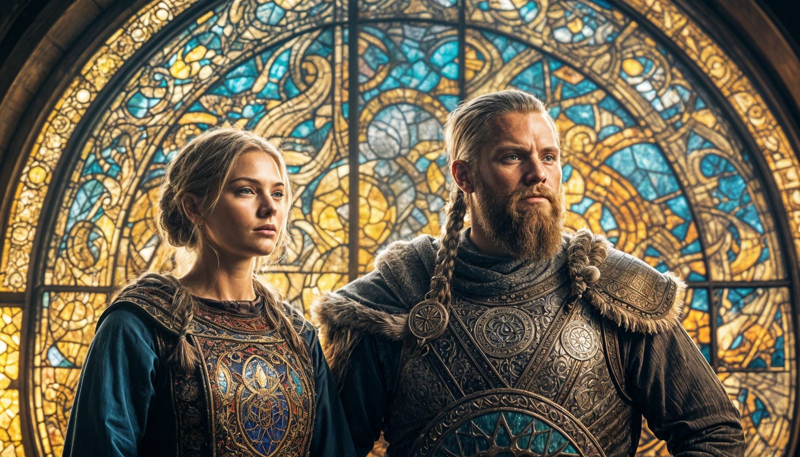 Viking Warrior Portrait with Stained Glass Window in 3D