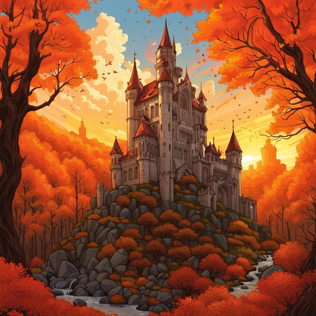 High Gothic Castle in Autumnal Sunset, Comic Art