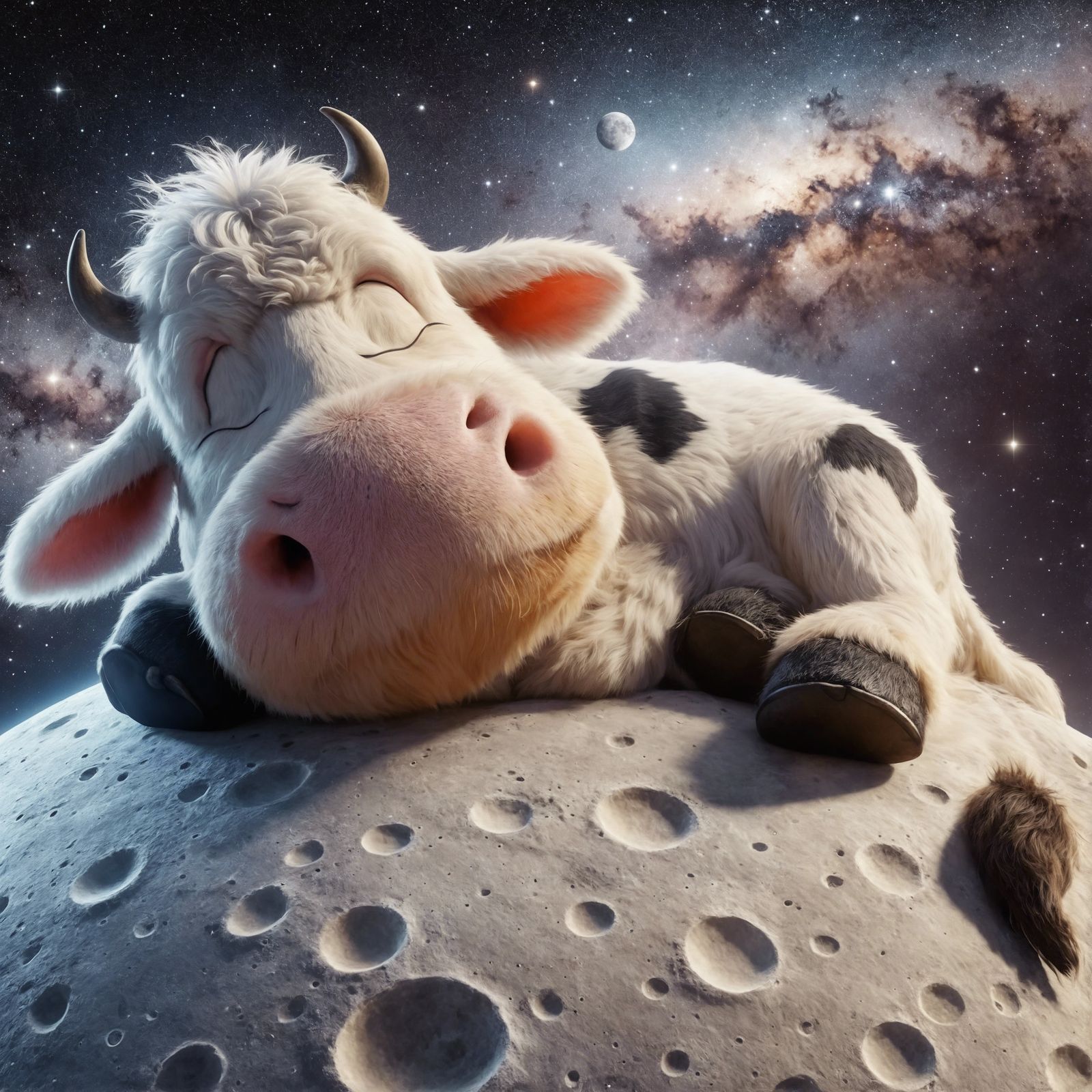 Cartoon Cow Sleeps Peacefully on the Moon