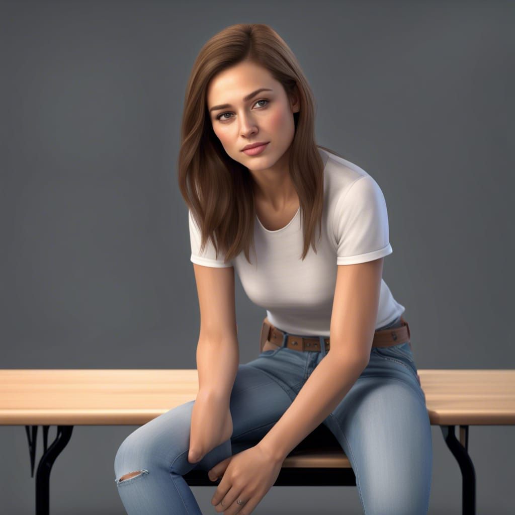 Young Woman in Classroom: Photorealistic Full Body View