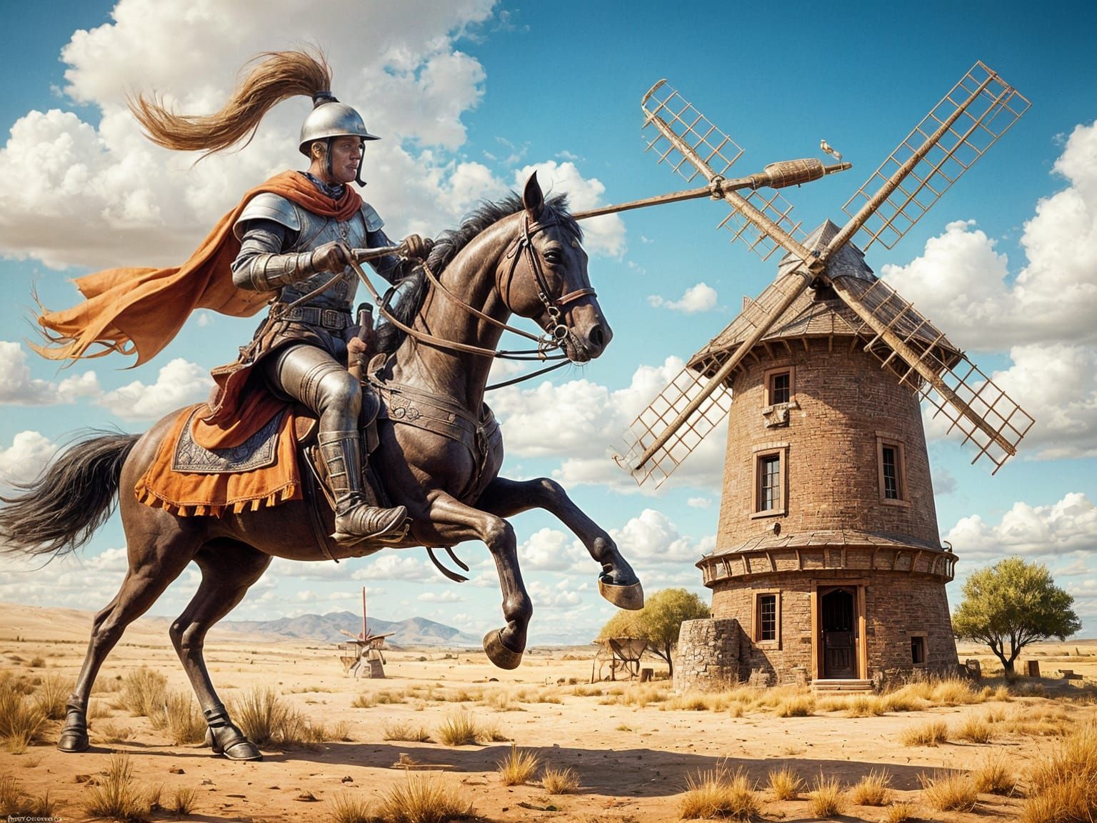 Don Quixote Tilting at Windmill in Comic Book Art