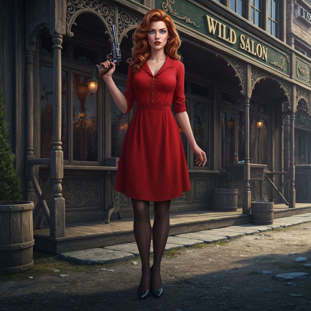 Red-Haired Woman with Gun in Wild West Matte Painting