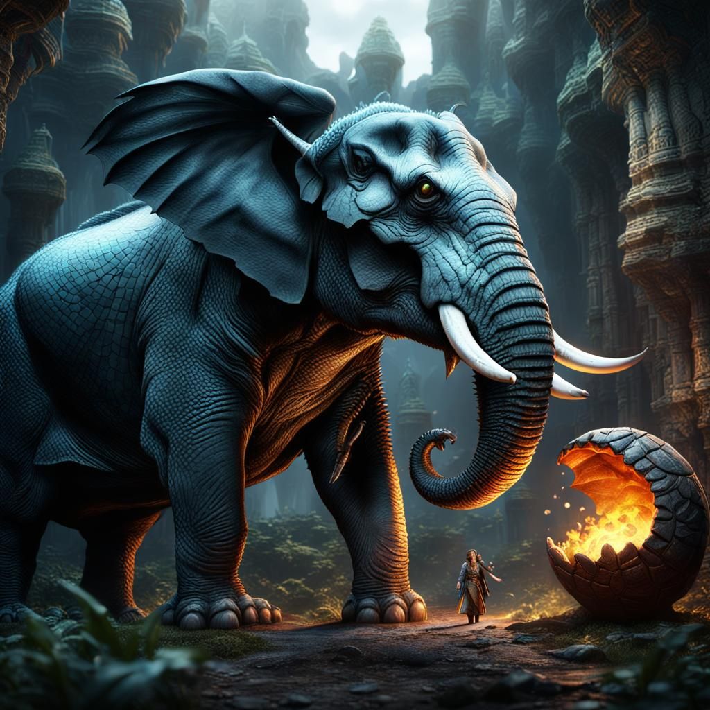 Dragon Hatching from Elephant: Detailed Fantasy Art