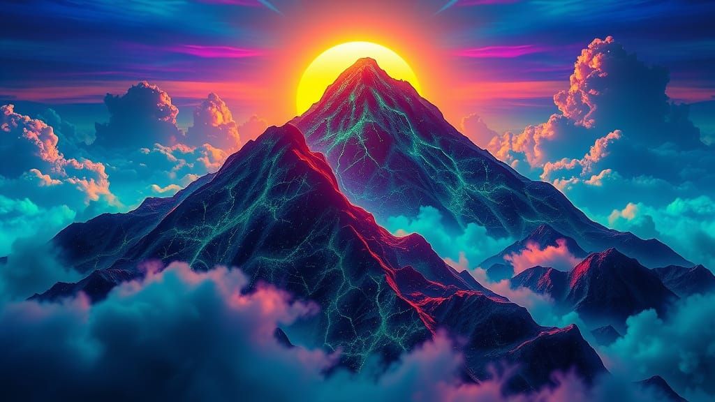 Ethereal Hyper-Surreal Mountain Landscape with Fractal Veins...