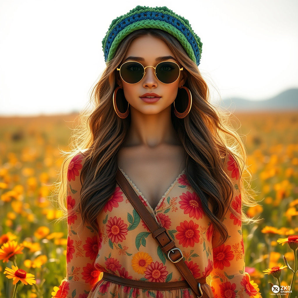 1960s Hippie Girl in Floral Field, Ultra-Realistic