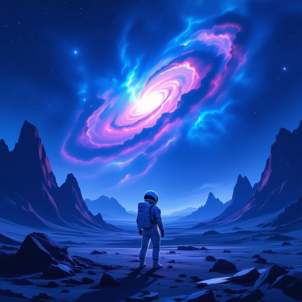 Astronaut Gazes at Nebula on Alien Planet