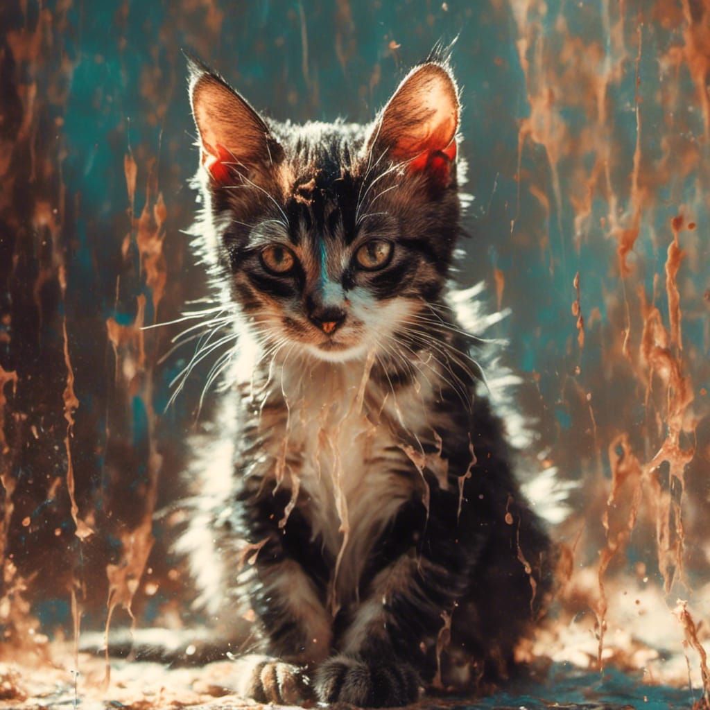 Tuxedo Kitten in Sunlight: Hyperrealistic Splash Art