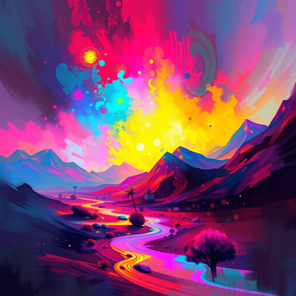 Vibrant Abstract Expressionist Dreamscape with Neon-Lit Brus...