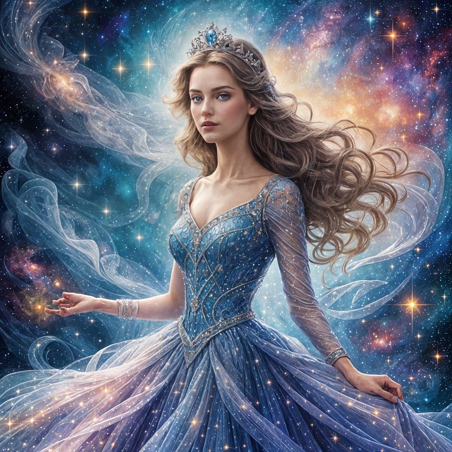 Princess in a Celestial Diamond Gown Stepping Across Vibrant...