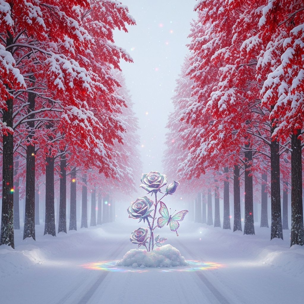 Crimson and White Snowy Landscape with Glass Snow Sculpture