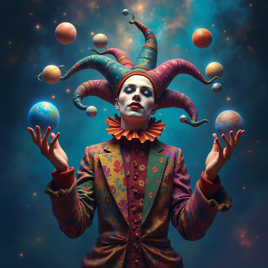 Cosmic Jester Dances Among Nebulae in Vibrant, Glowing Plane...