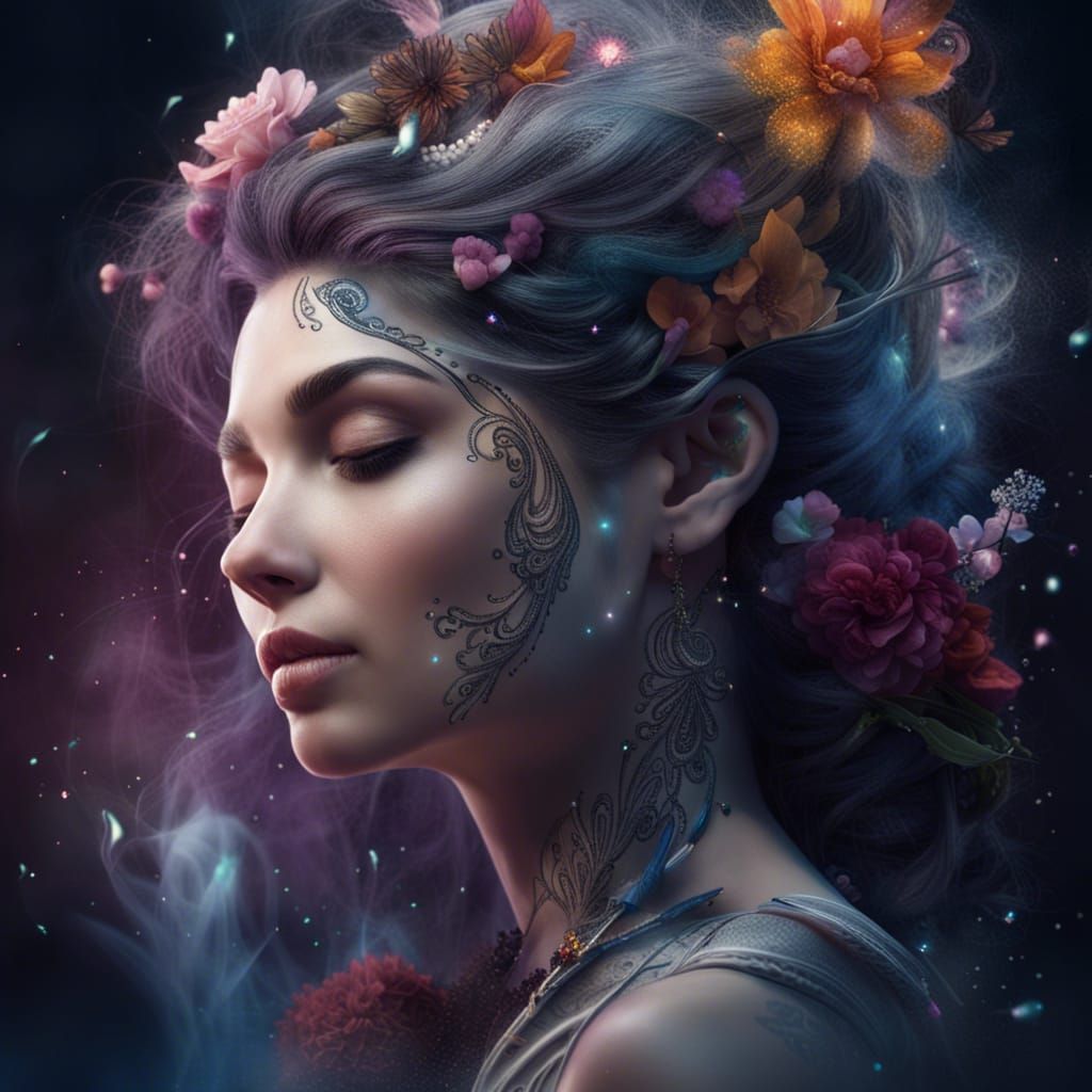 Dreamy Woman in Stardust Smoke, Digital Art