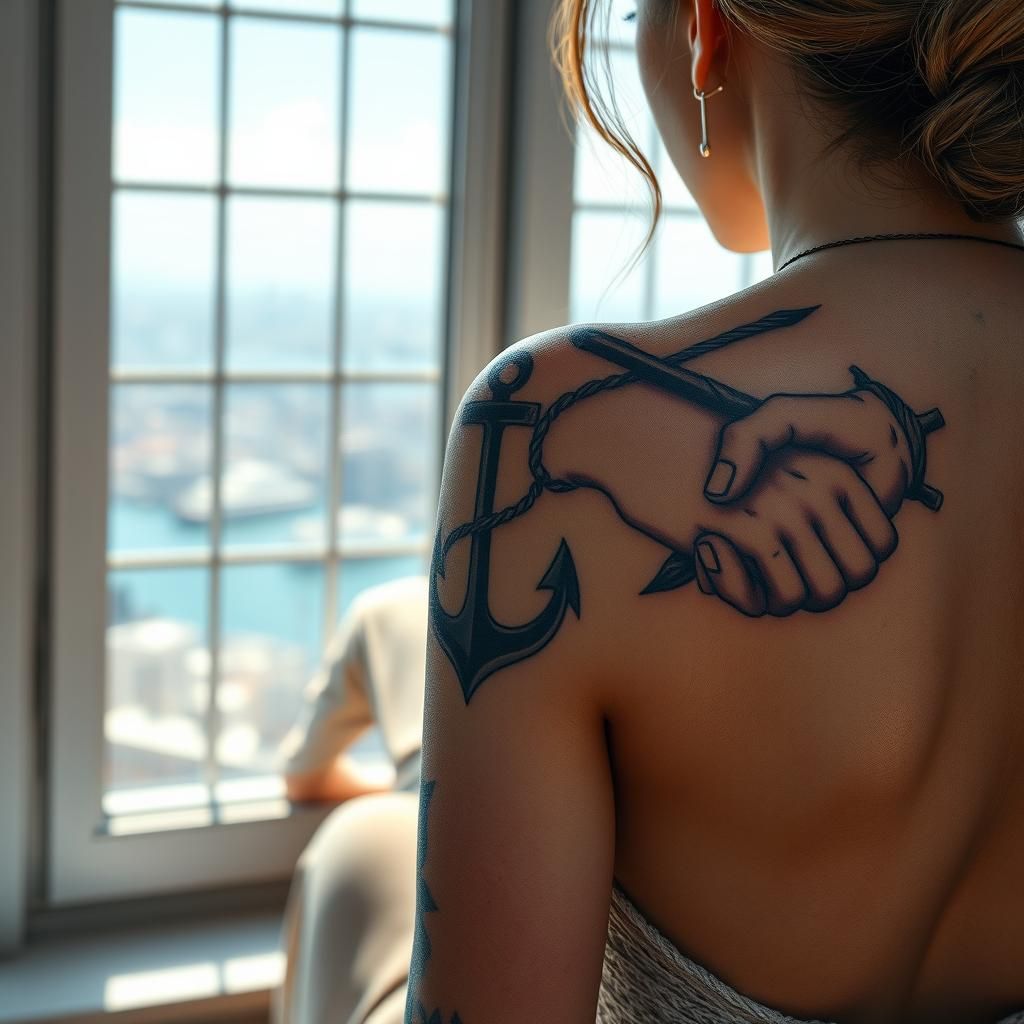 Woman with Anchor and Handshake Tattoos