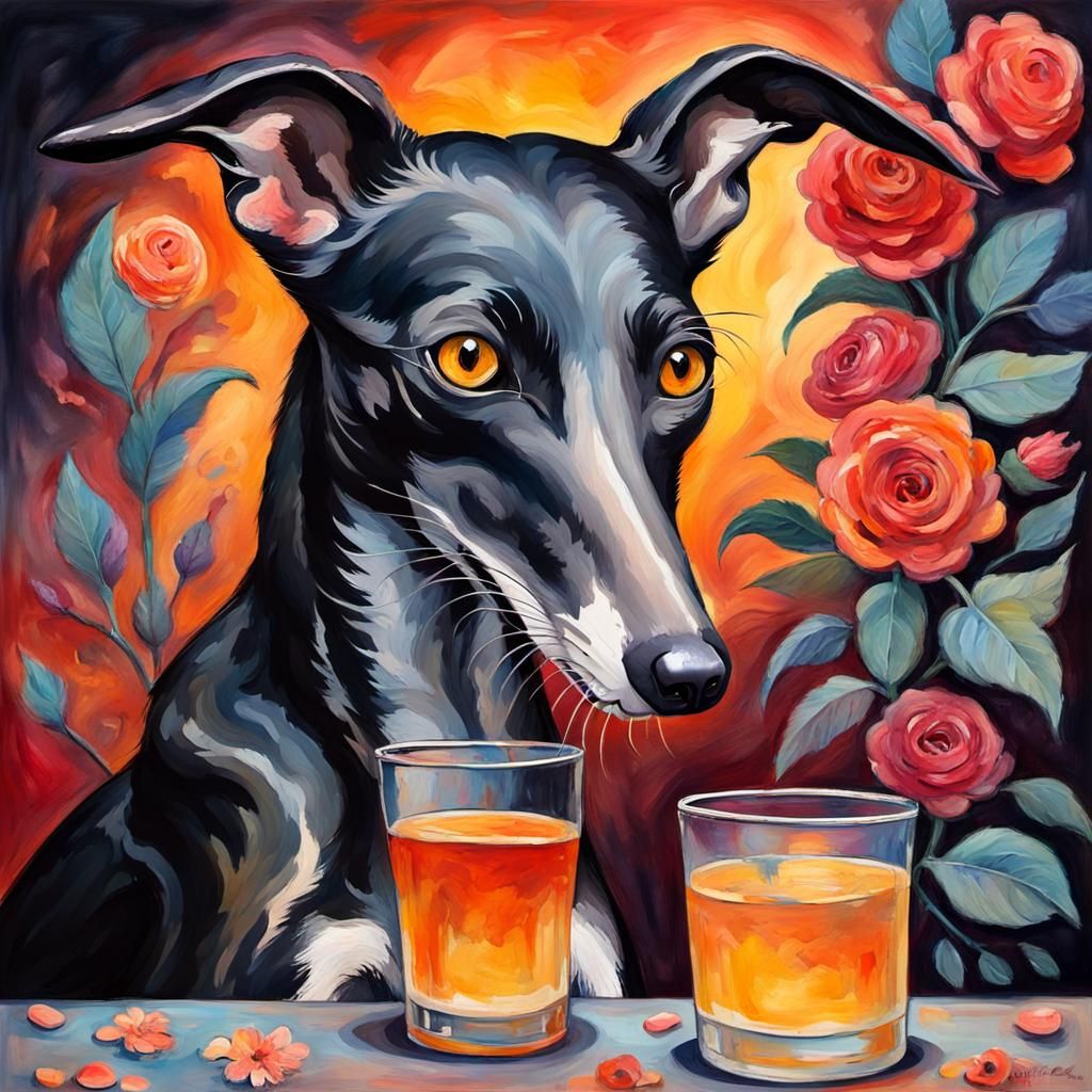 Day of the dead black greyhound, drinking tequila and dreami...