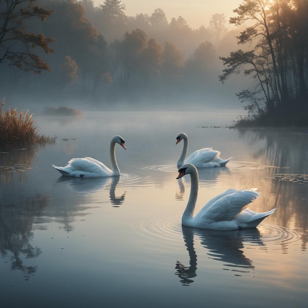 Swans Gliding on Misty Lake at Dawn