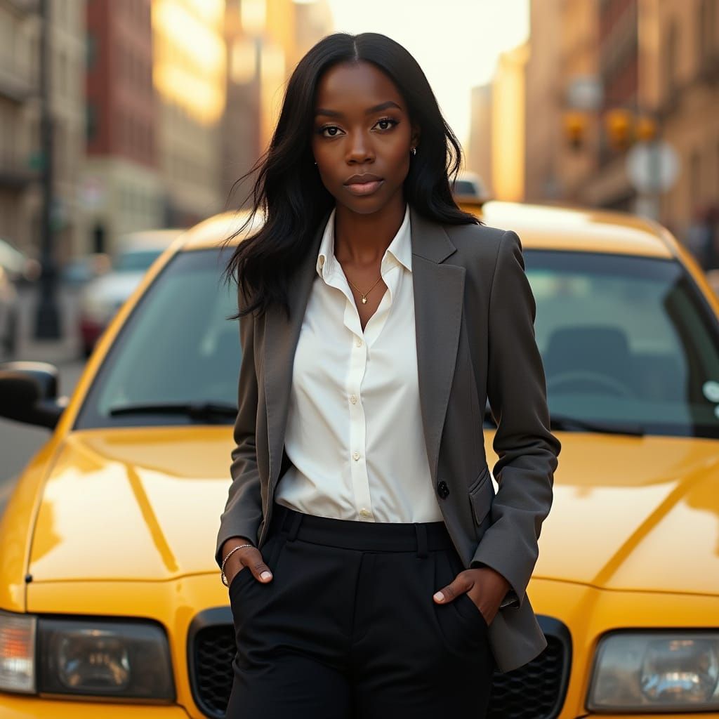Confident Woman in Cityscape, Photorealistic Style