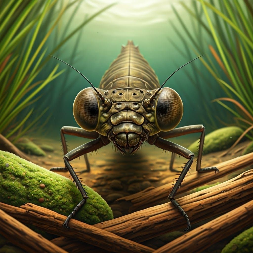 Lifelike Dragonfly Larvae in Swampy Waters, Precision Zoolog...