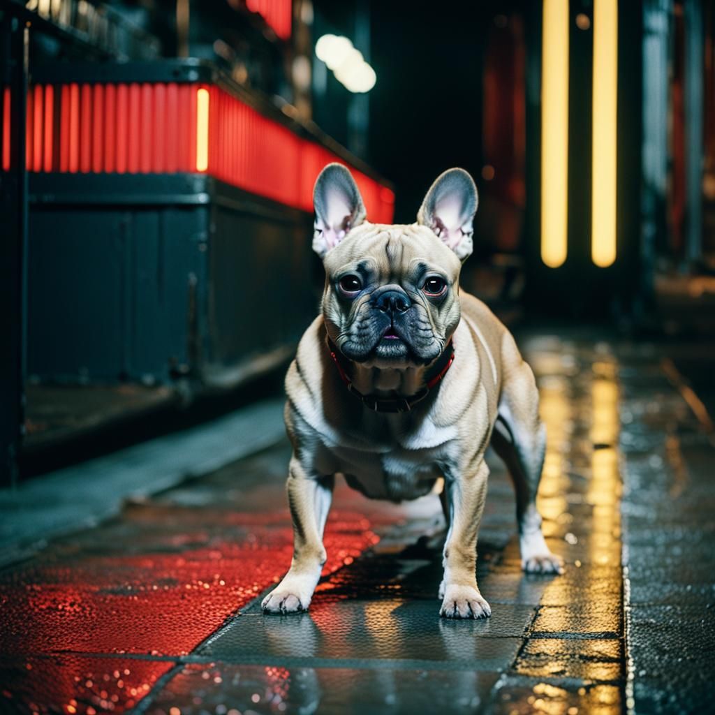 Grey French Bulldog on Catwalk in Wong Kar-wai Style