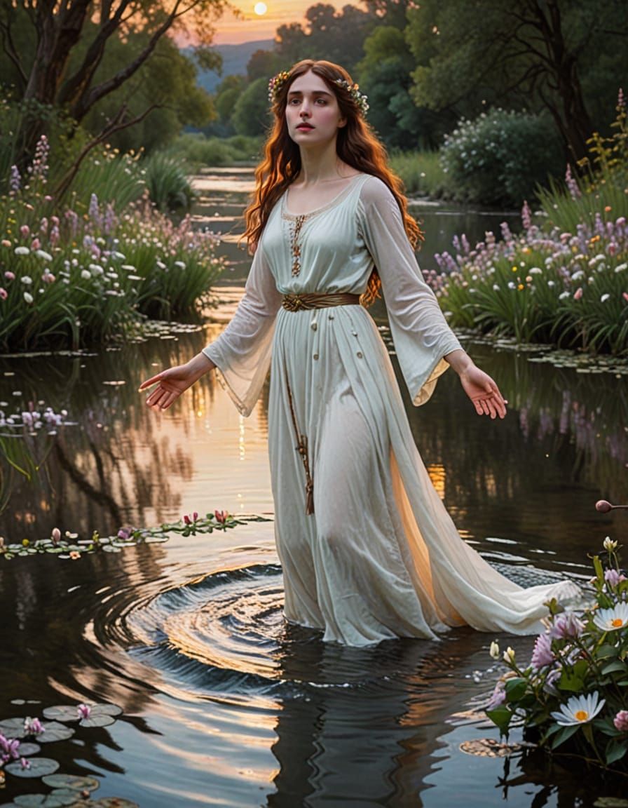 Ethereal Wiccan Woman in River, Pre-Raphaelite Style