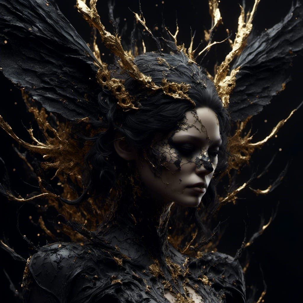 Elegant Dark Fairy Demon with Golden Kintsugi Cracks