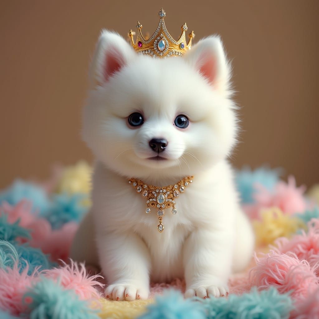 Regal Samoyed Puppy Adorned with Jewels and Crown