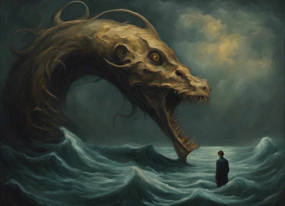 Man Sinking into Sea with Monsters: Neoclassical Oil Paintin...