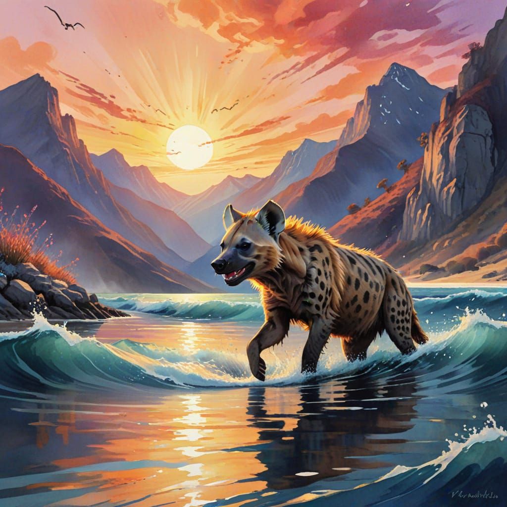 Whimsical Hyena Dives into Sunset Ocean, Majestic Mountains ...