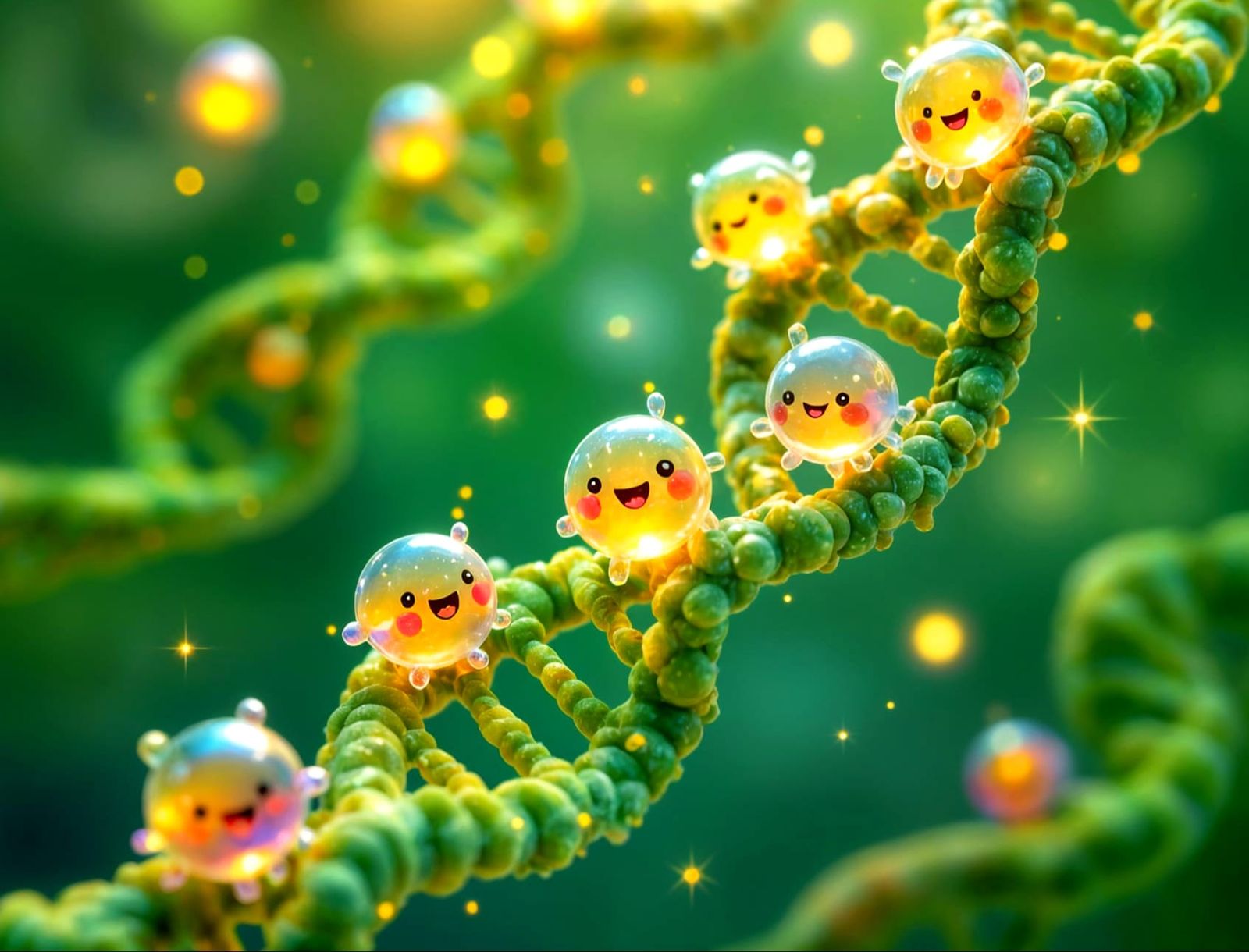 Tiny Glowing Microbes on DNA Helix in Macro Style