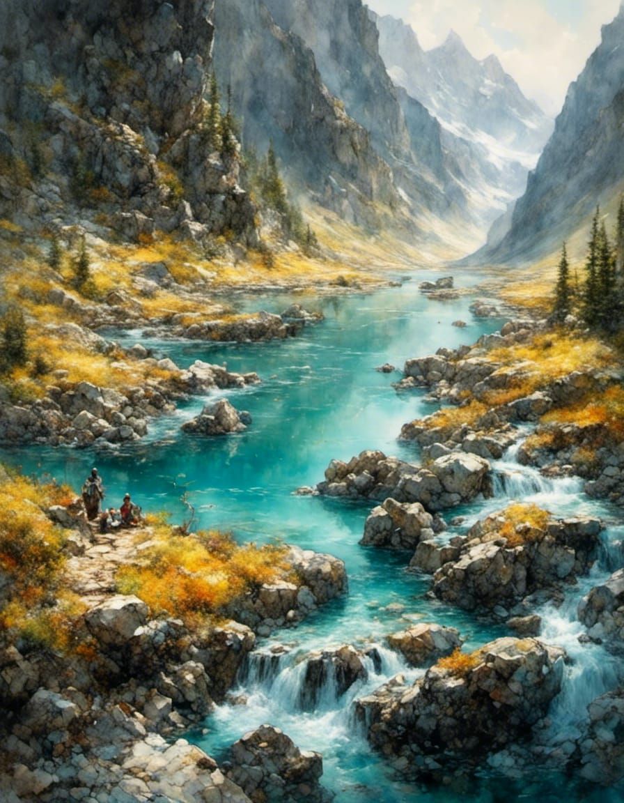 Mountain River Scene in Cute Style