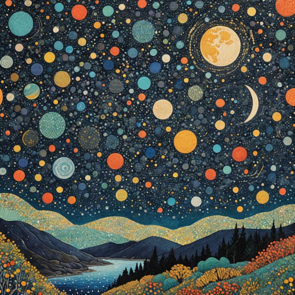 Pointillist Moon and Milky Way in Klimt Gorey Style