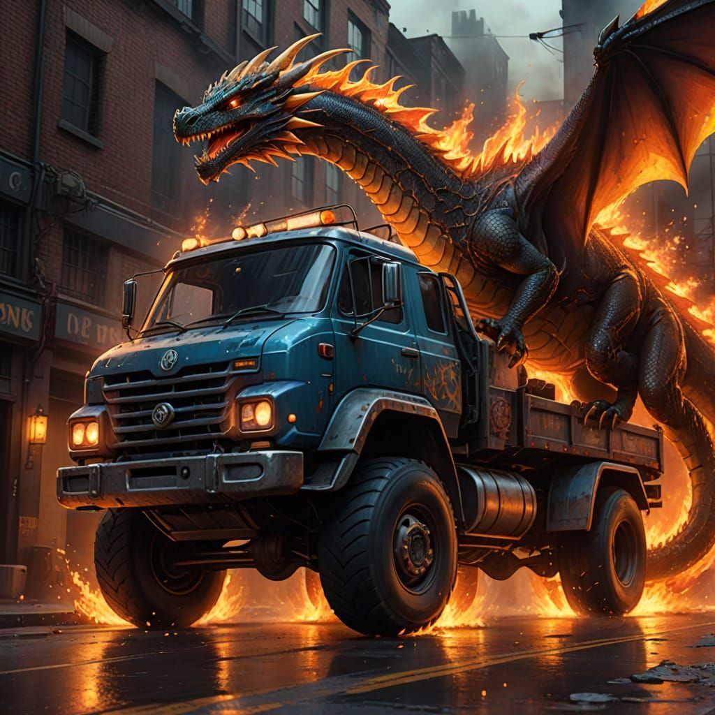 Dragon on Truck in Dark Alleyway Concept Art