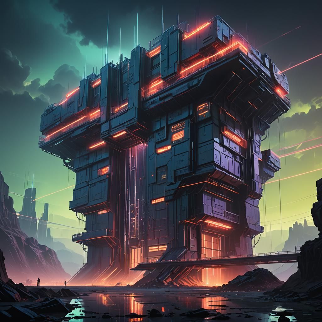 Dystopian Metallic Prison in Sci-Fi Landscape