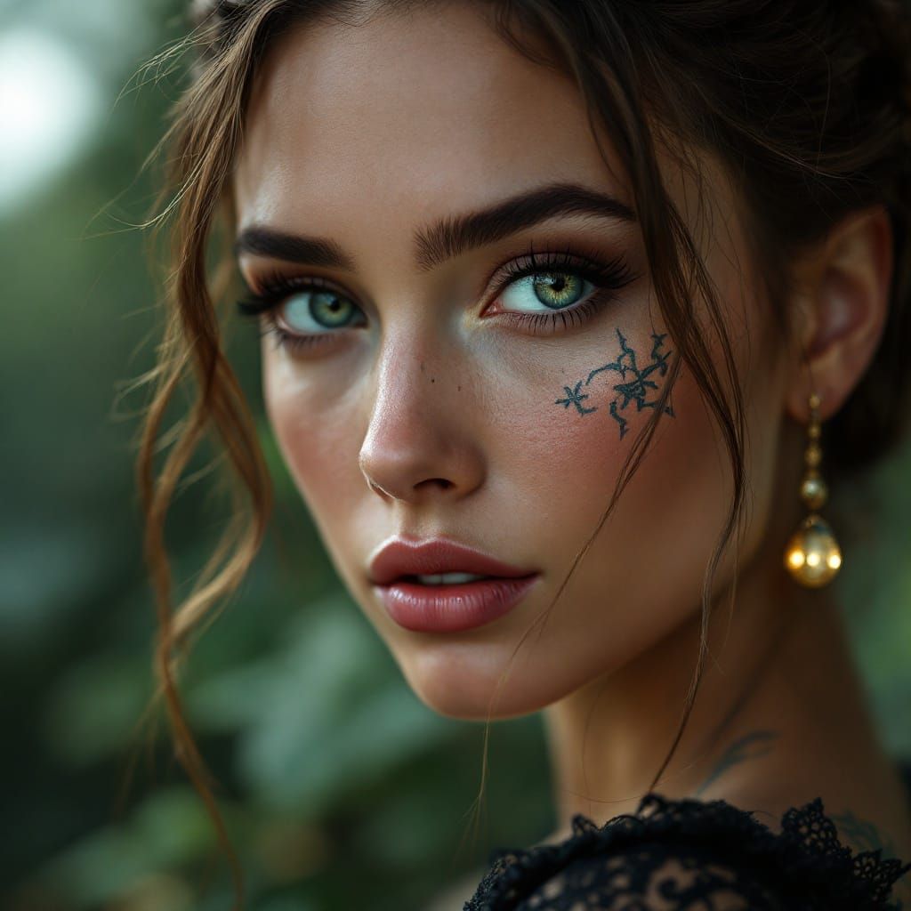 Tattooed Woman with Braids in Peony Garden