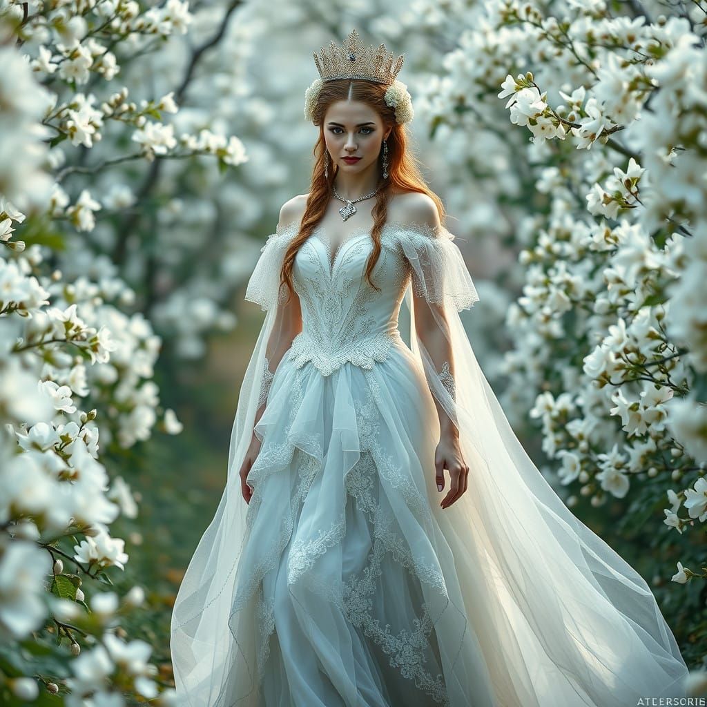 Whimsical Queen Strolls Through Enchanted Garden of White Bl...