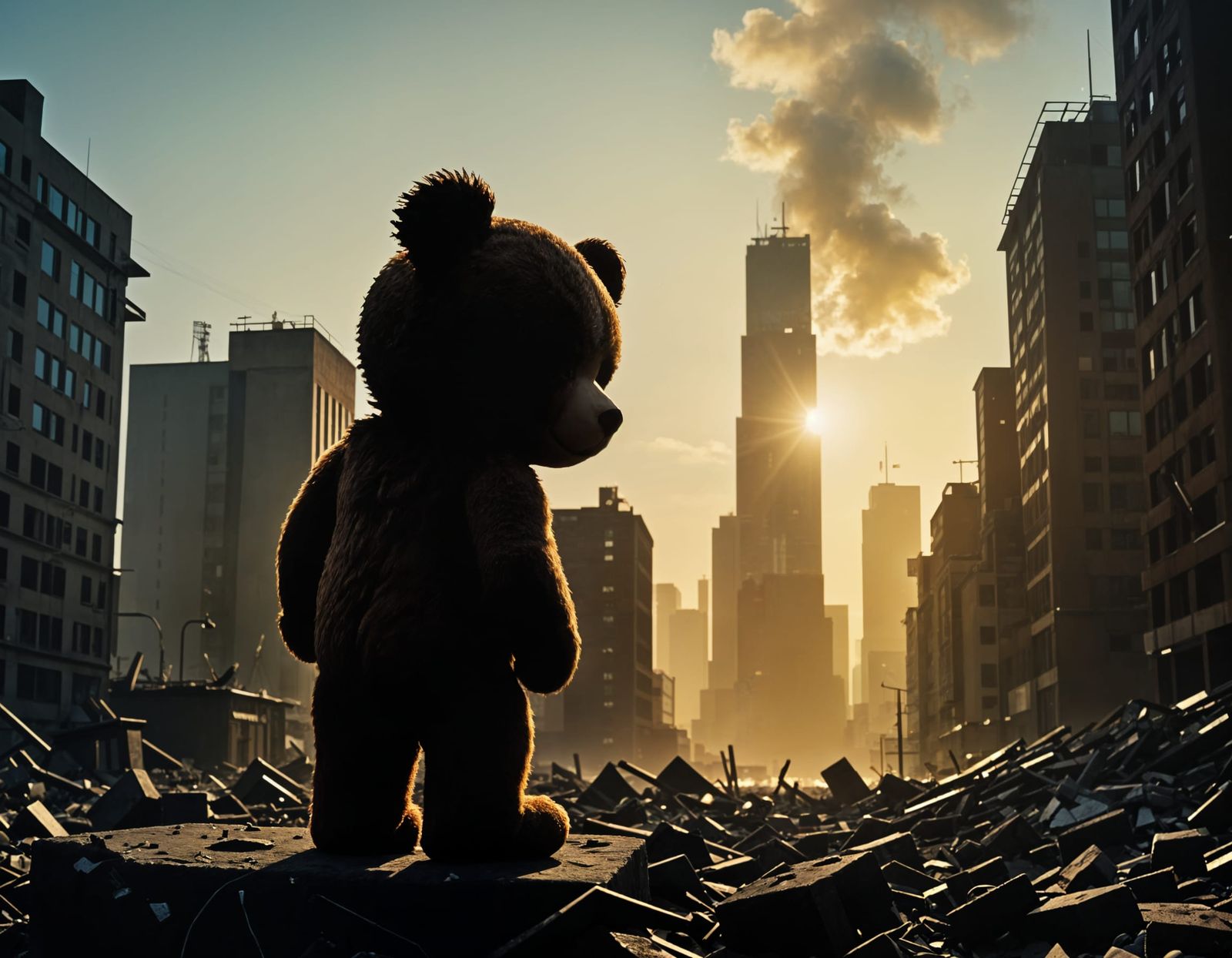Desolate Cityscape Teddy Bear in Eerie Abandonment