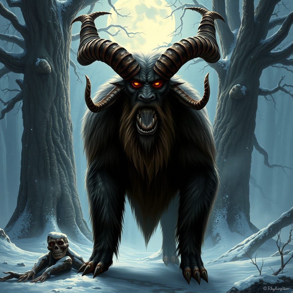 Majestic Alpine Folklore Horned Creature in Snowy Moonlit Fo...