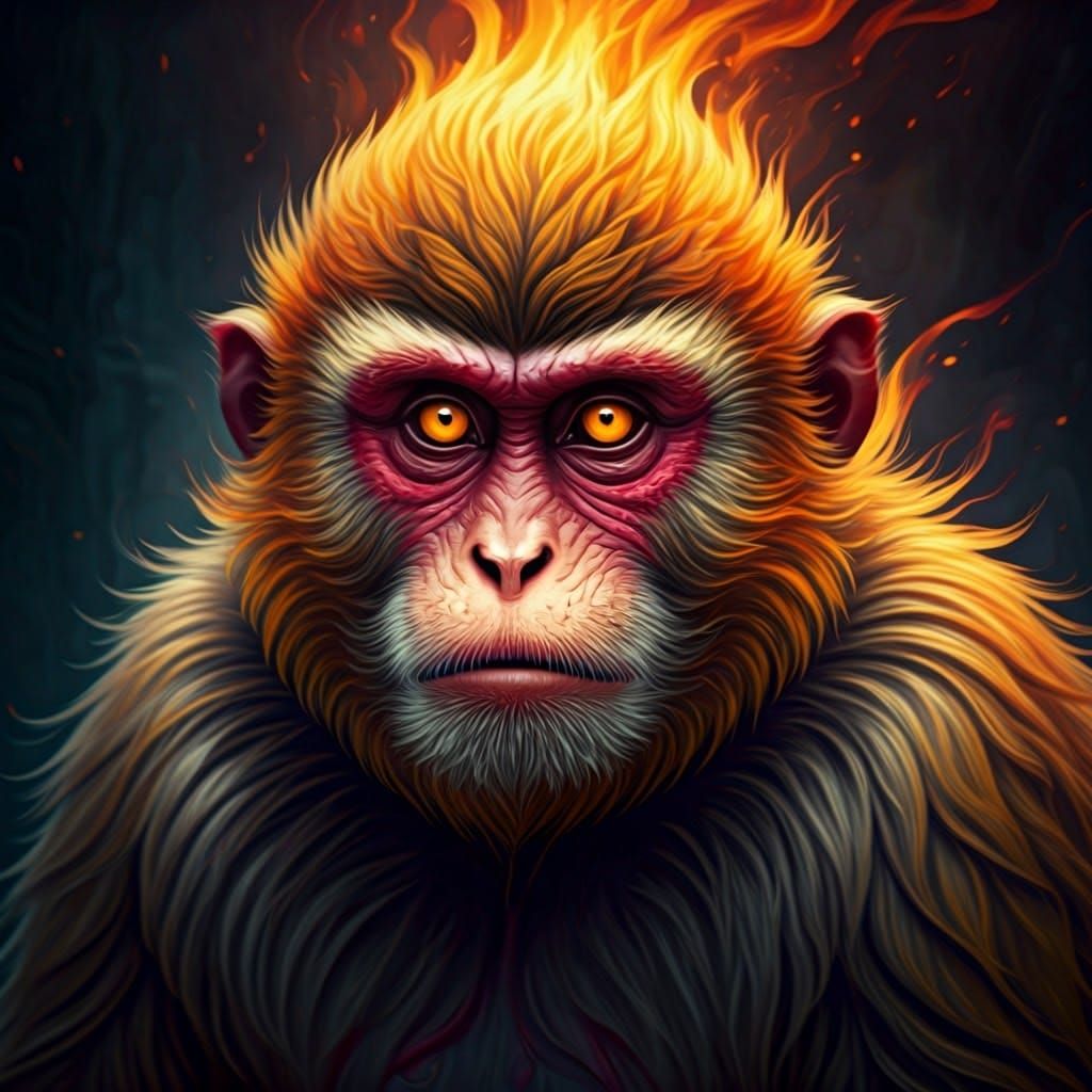 Fierce Fire Monkey with Blazing Eyes in Oils
