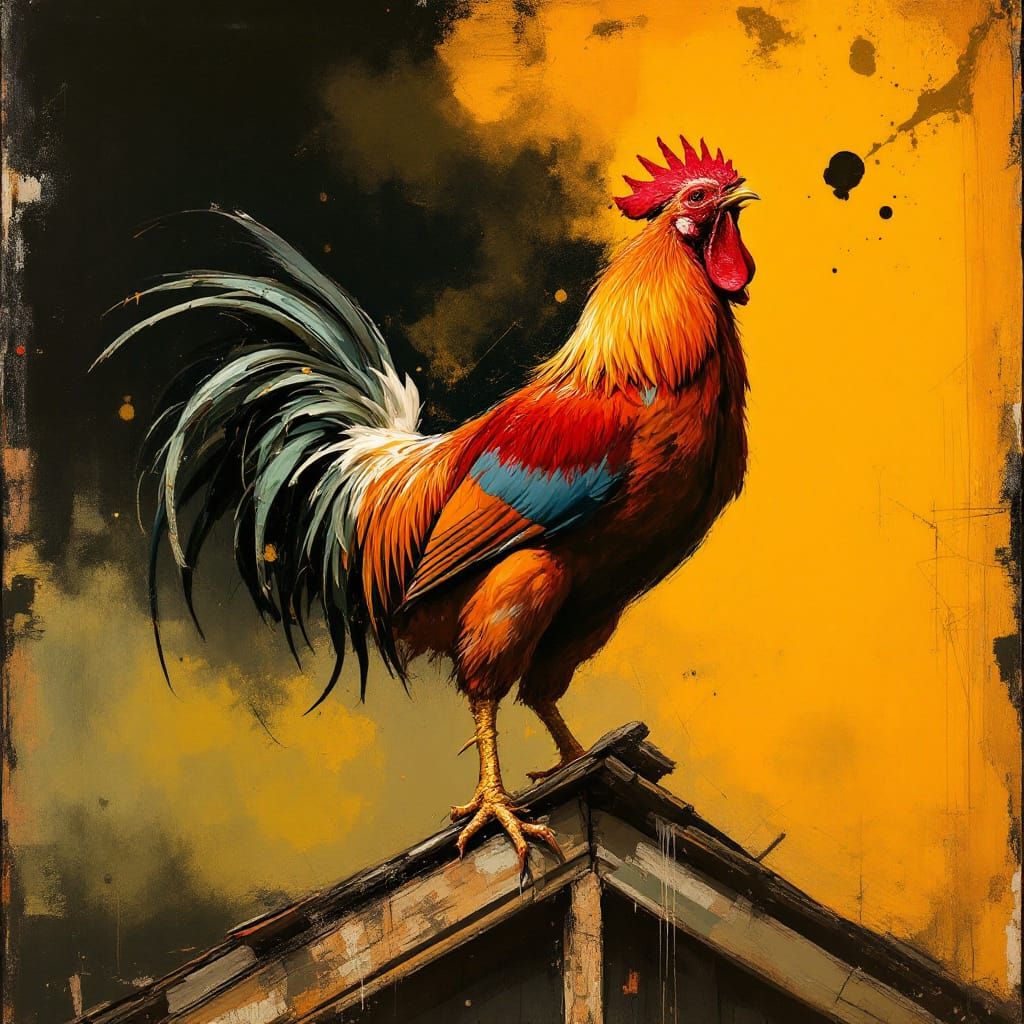 Rooster Crowing in Dystopian Barn as Bold Chromatic Art
