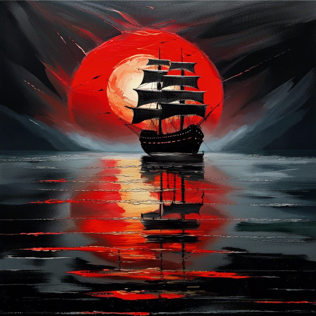 Black Galleon Sails to Red Moon: Palette Knife Painting