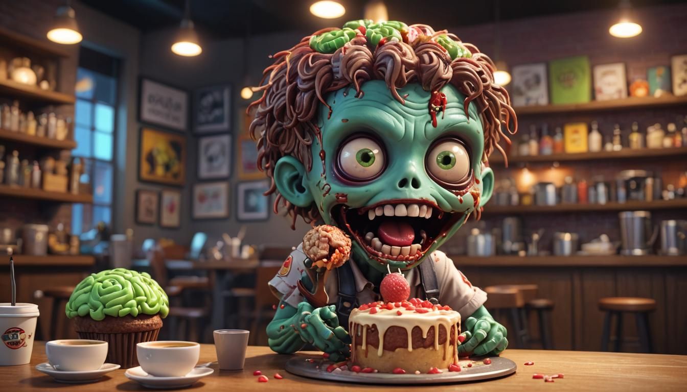Cute Chibi Zombie Eating Brain Cake: 3D Digital Art