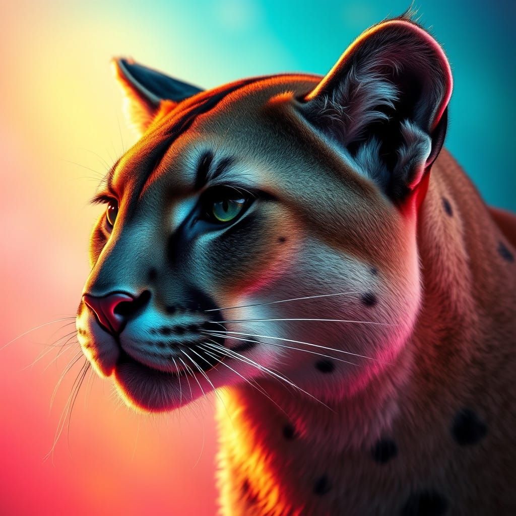 Hyperrealistic Puma Portrait in Vibrant Gradient Hues